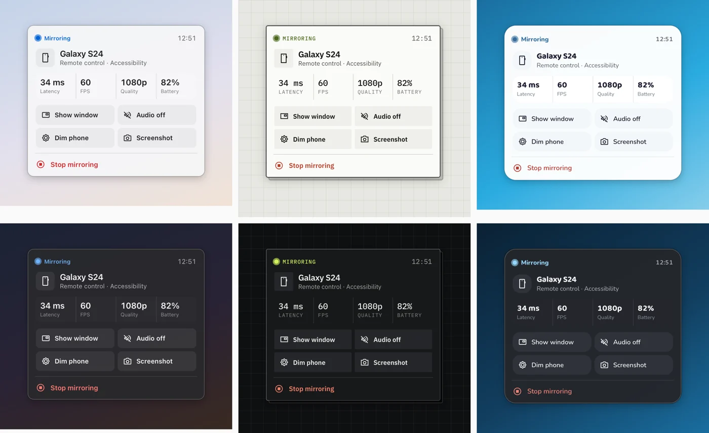 The Wavecast menu bar popover in the Native, Signal and Soft styles, light and dark